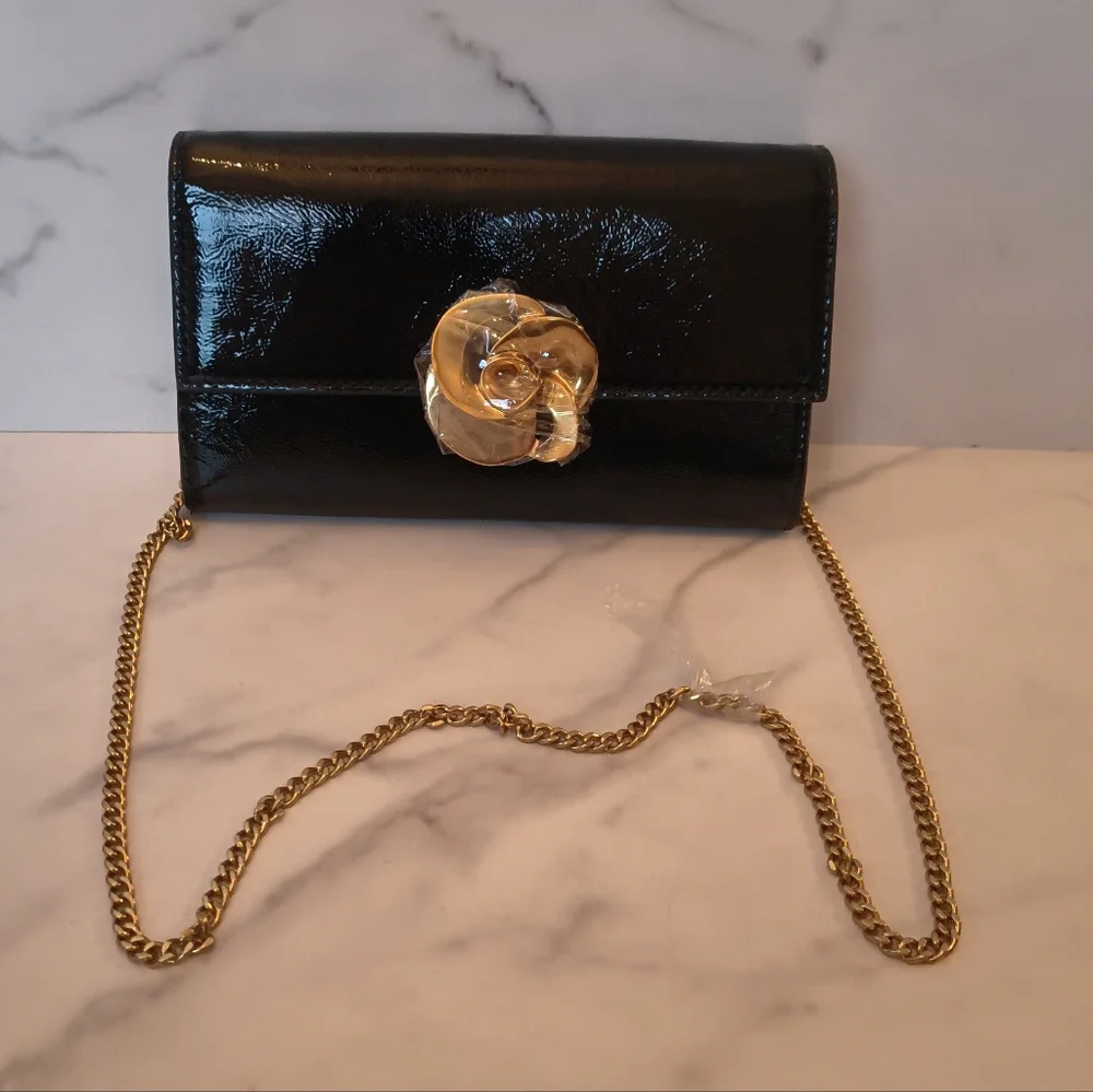 NWT Ted Baker London Kira Rose Purse Clutch Black patent leather